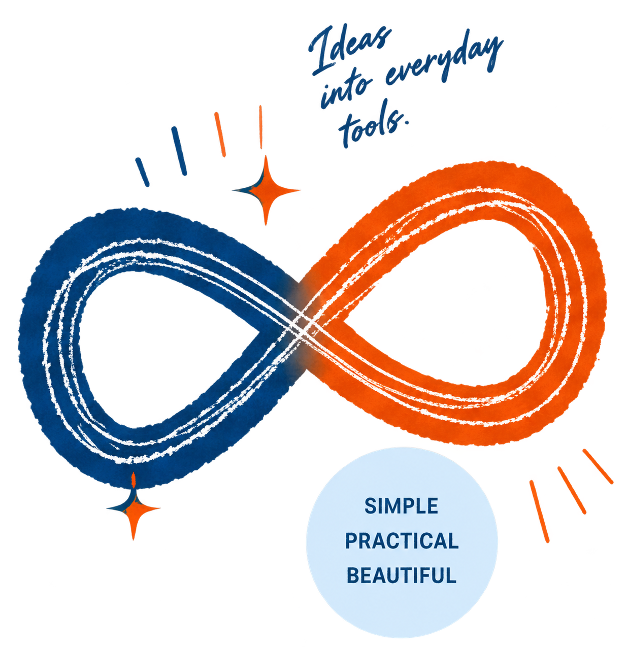 Blue and orange illustration celebrating practical creative tools