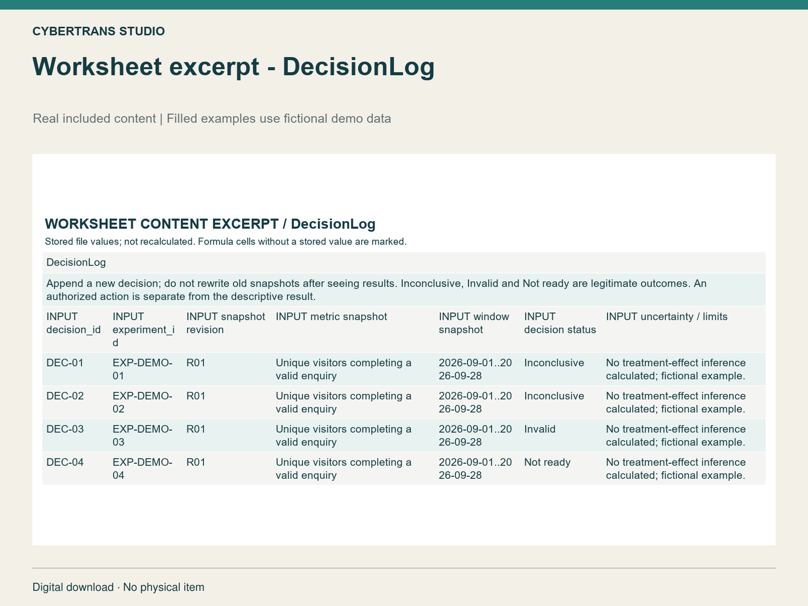 Worksheet excerpt - DecisionLog