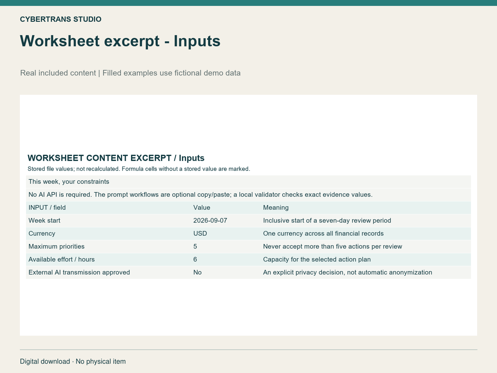 Worksheet excerpt - Inputs