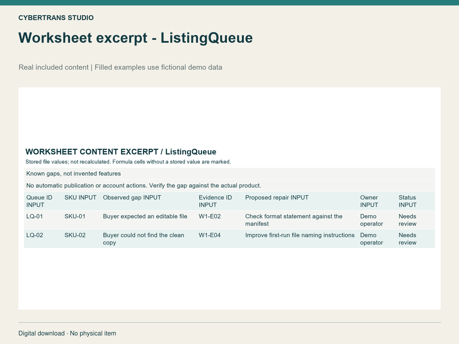 Worksheet excerpt - ListingQueue