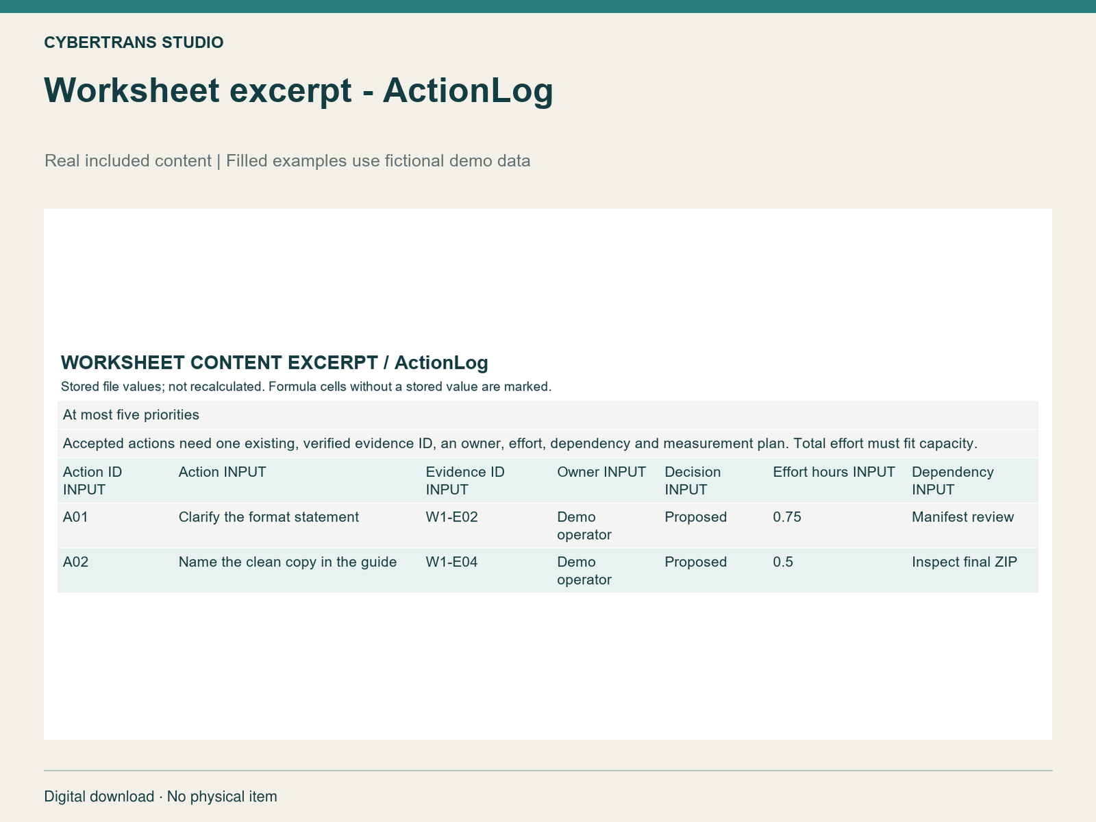 Worksheet excerpt - ActionLog