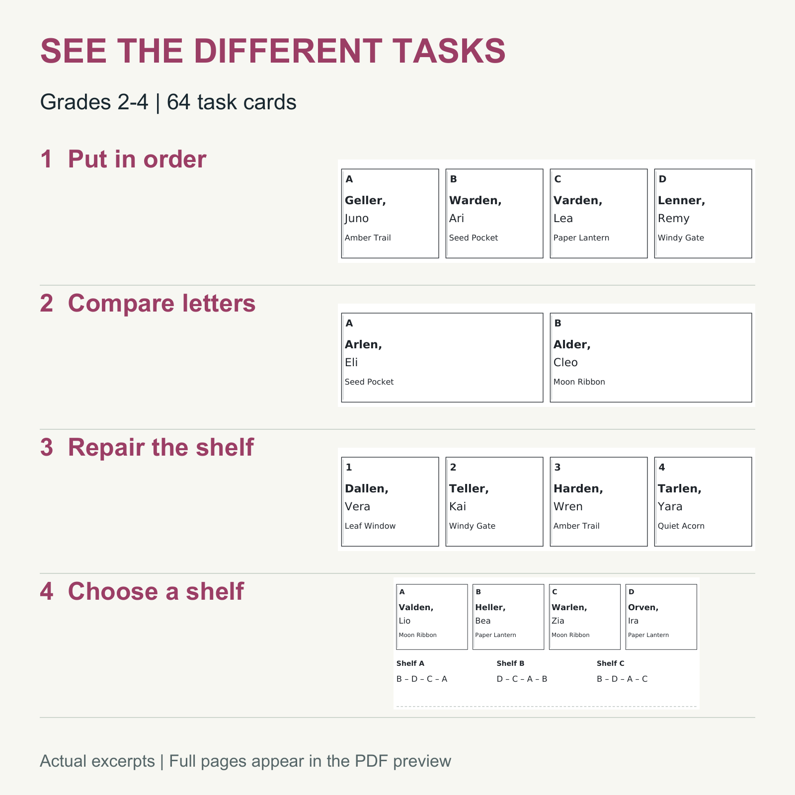 Alphabetical Order Task Cards — ABC Order Stations — Grades 2-4 — Skills and activities included in this resource.