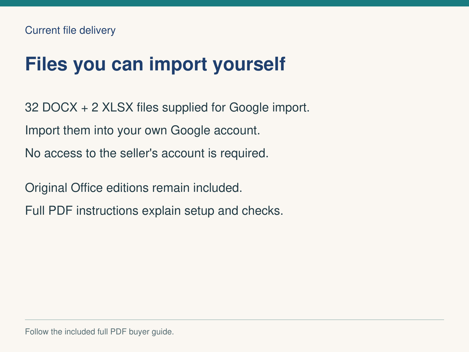 Current Google file delivery — import supplied files into your own account; original Office editions and full PDF guide included.