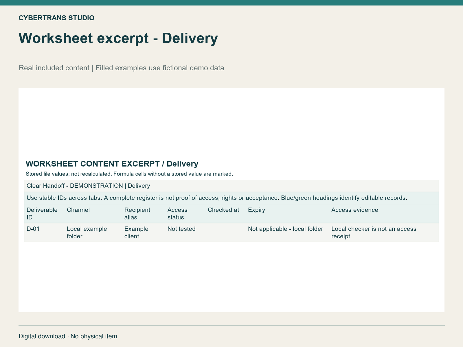 Worksheet excerpt - Delivery