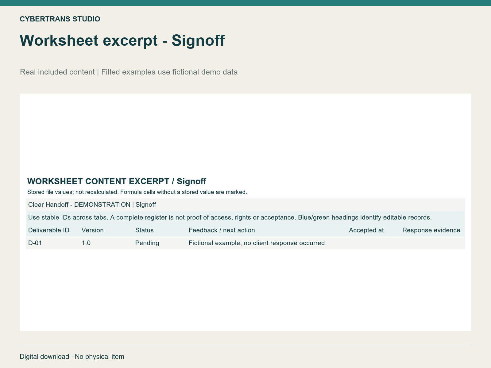 Worksheet excerpt - Signoff