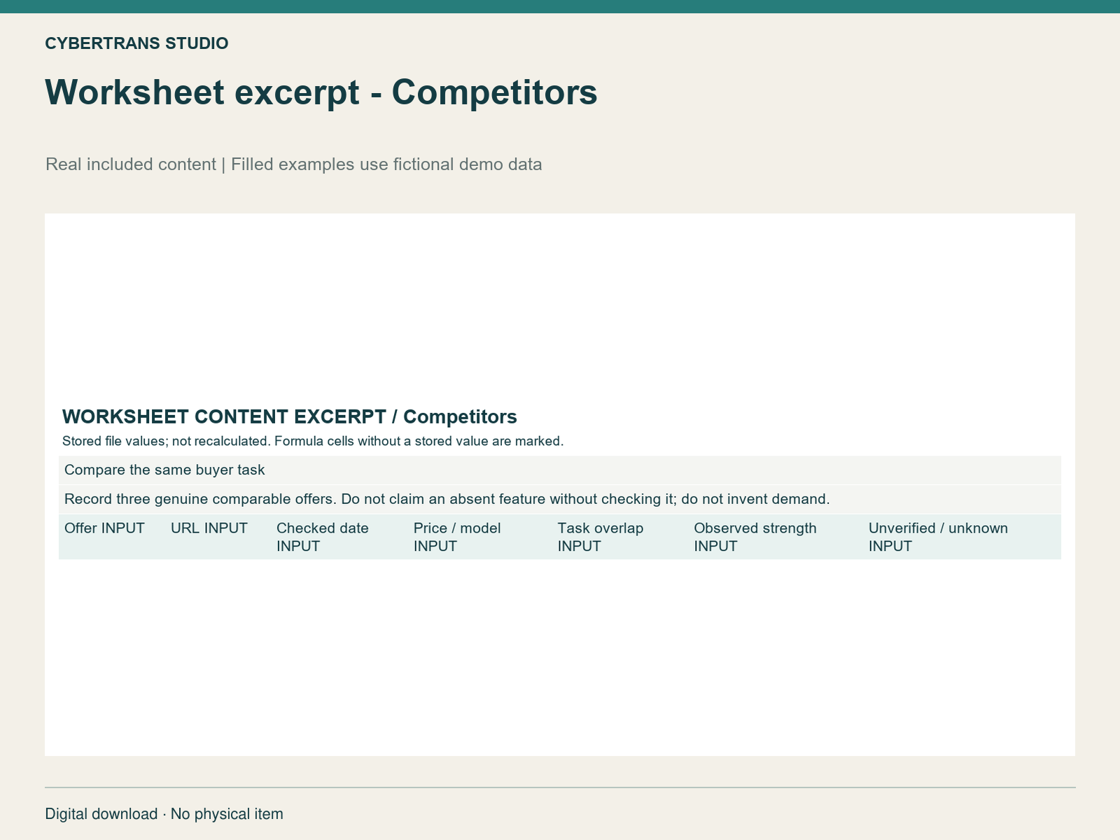 Worksheet excerpt - Competitors