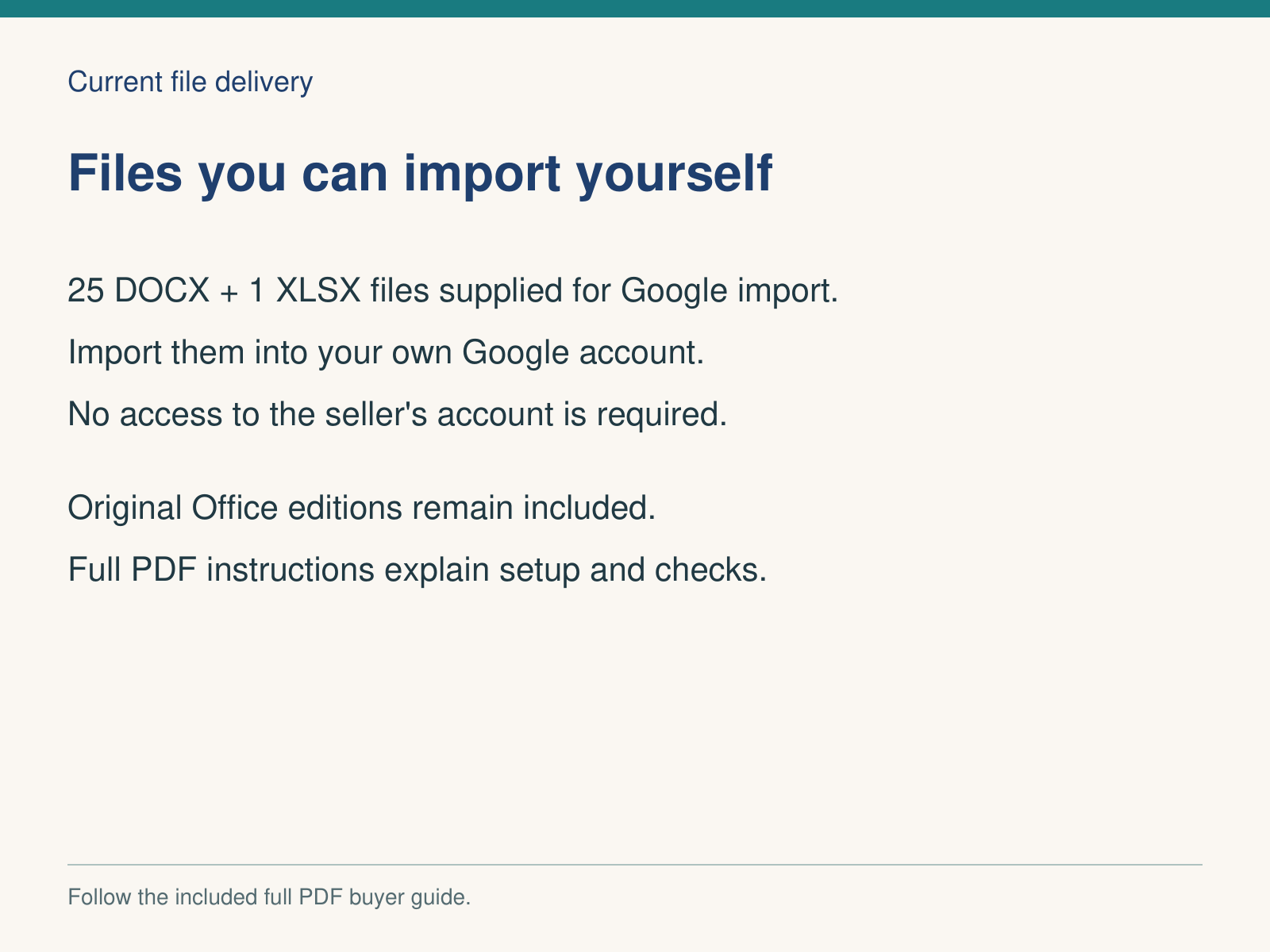 Current Google file delivery — import supplied files into your own account; original Office editions and full PDF guide included.