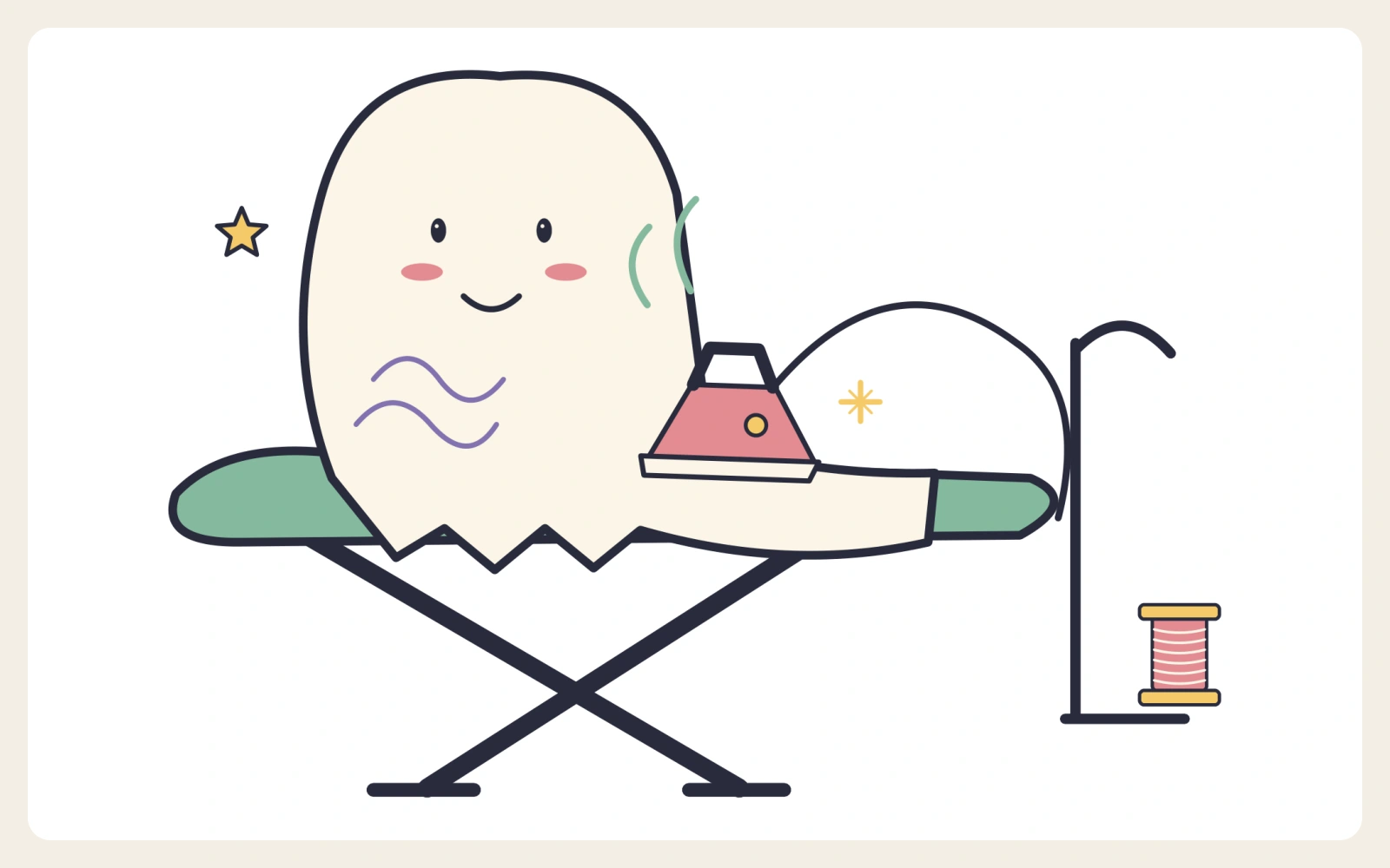 Friendly ghost pressing creases with an iron.