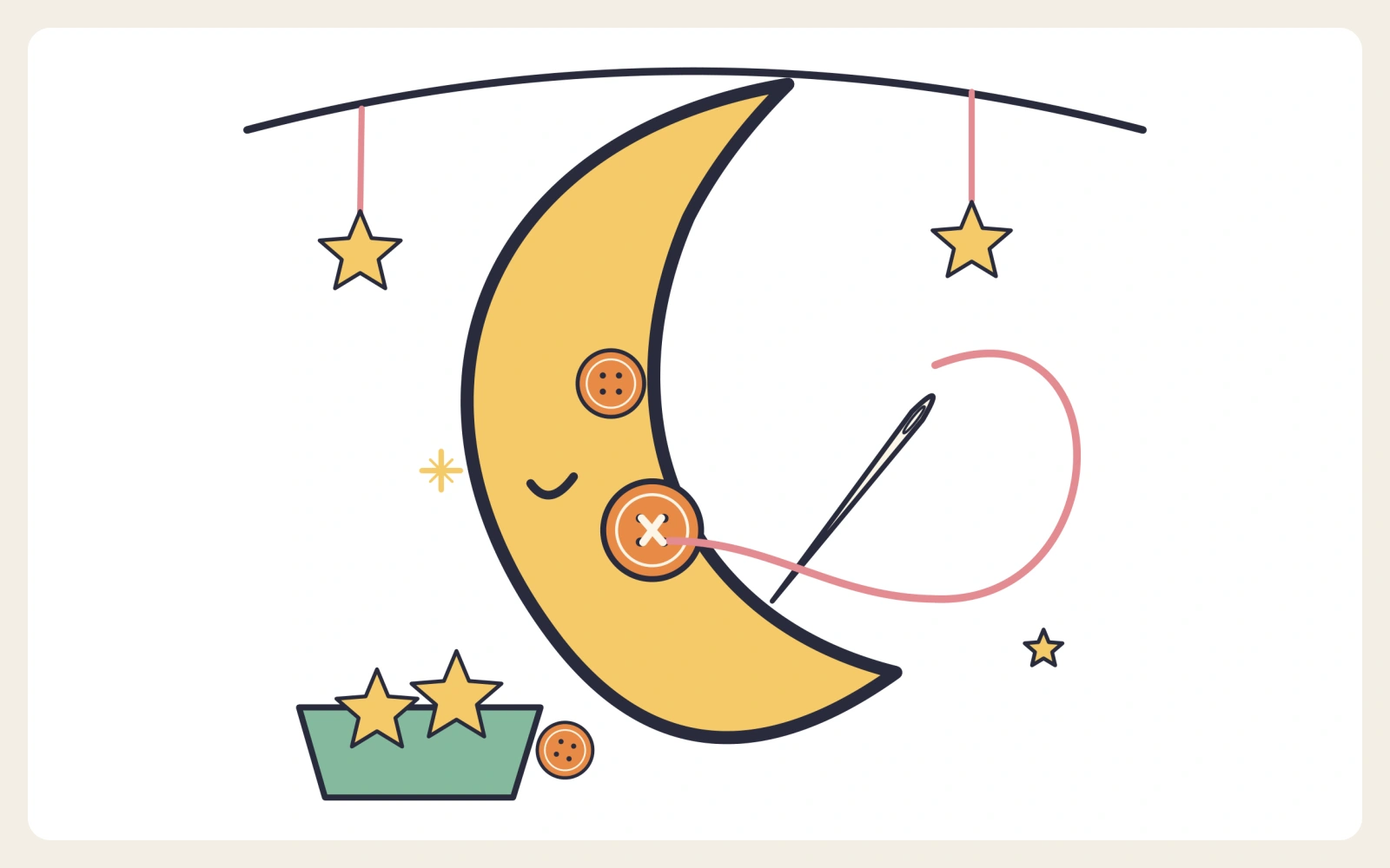 Crescent moon sewing a button, with thread and stars.