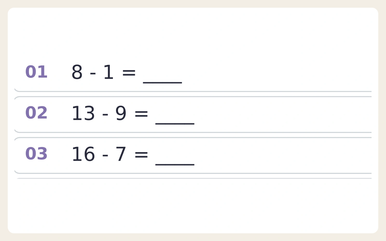 Three addition and subtraction questions from a Level A pupil worksheet.
