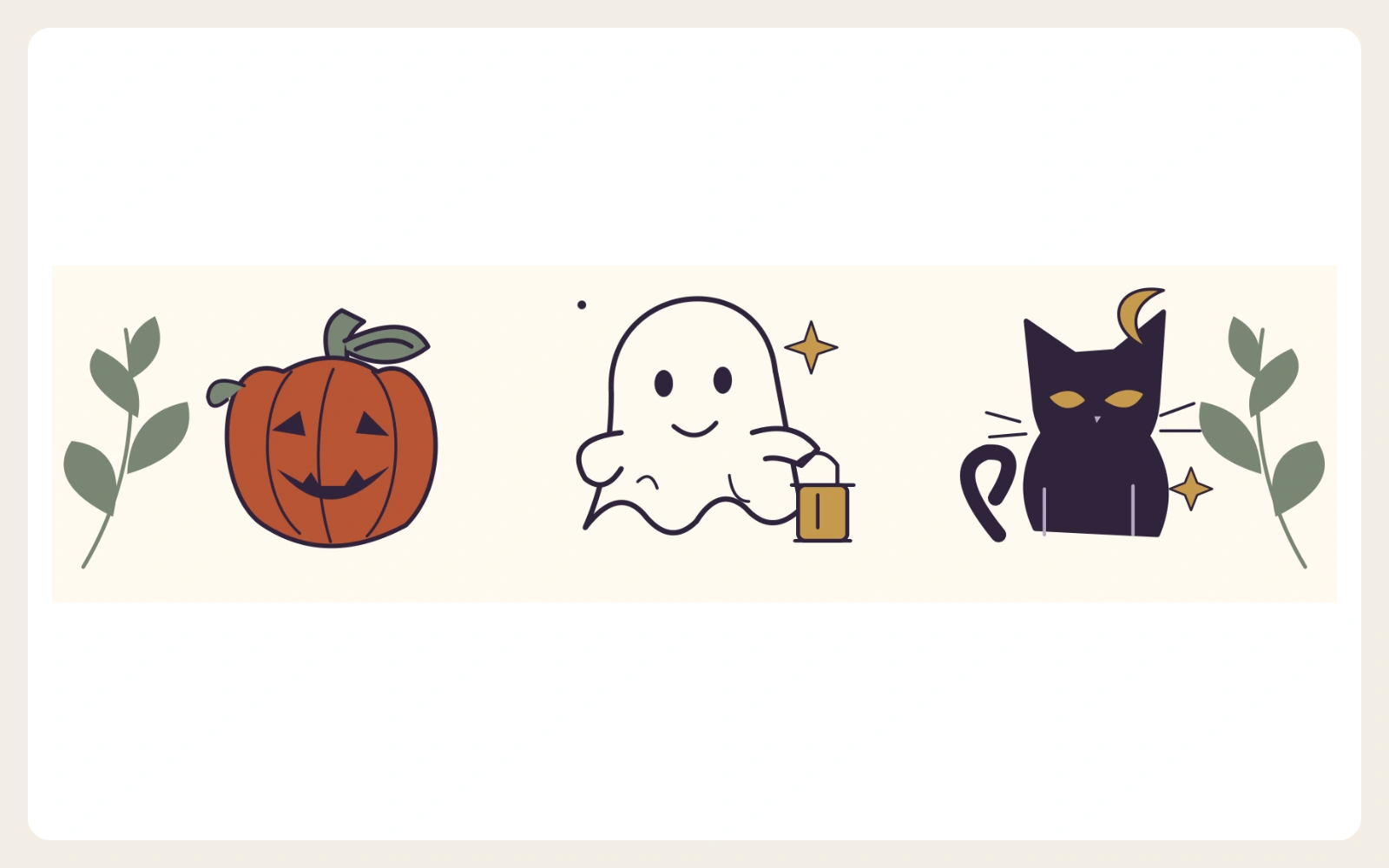 Pumpkin, ghost and cat artwork from the Pumpkins & Moonlight invitation.