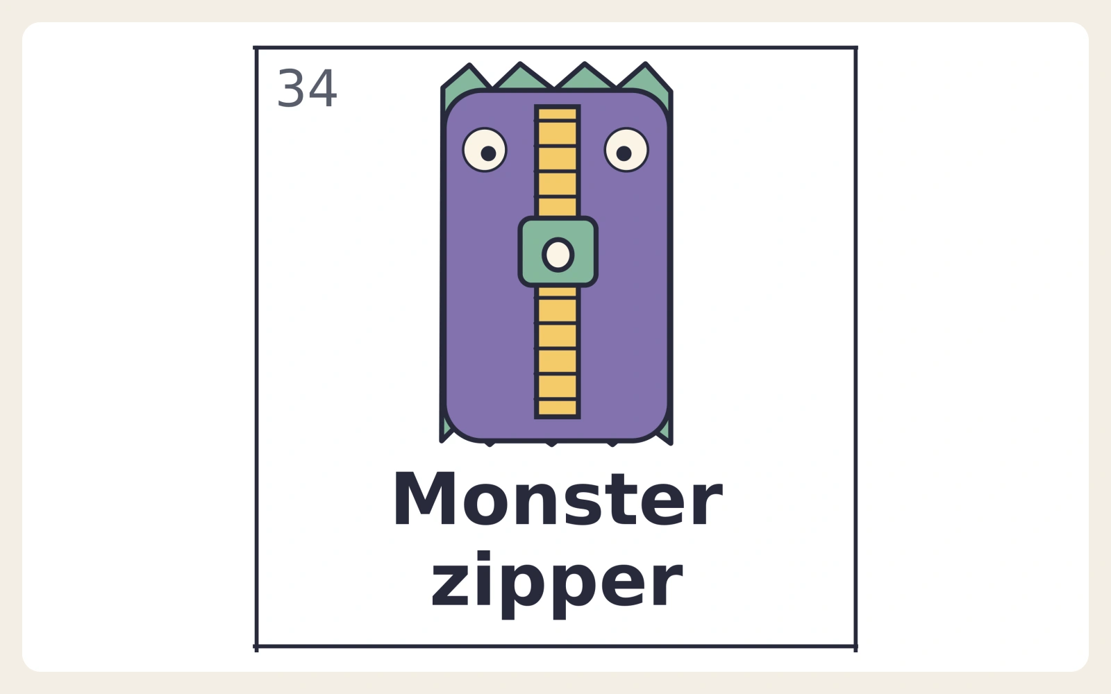 Monster zipper picture and label from a Lanterncall bingo card.
