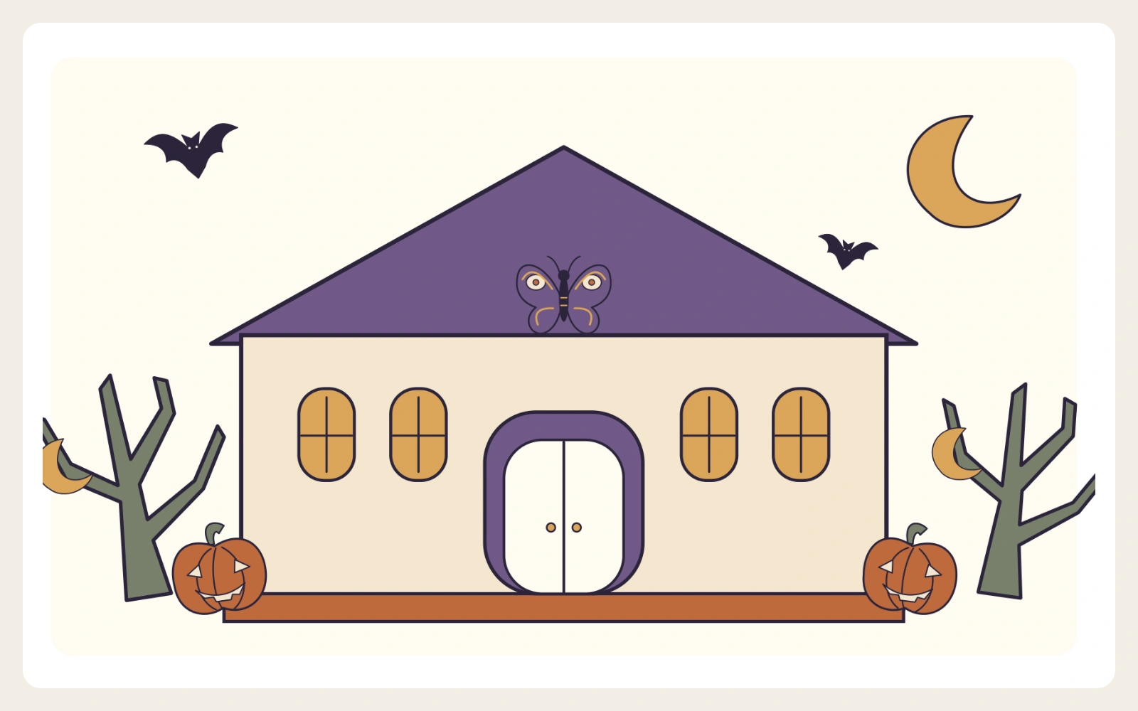 Morrowmoth Museum building with pumpkins, bats and a moon.