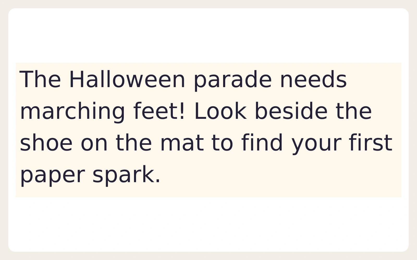 A clue about marching feet and a shoe on the mat.