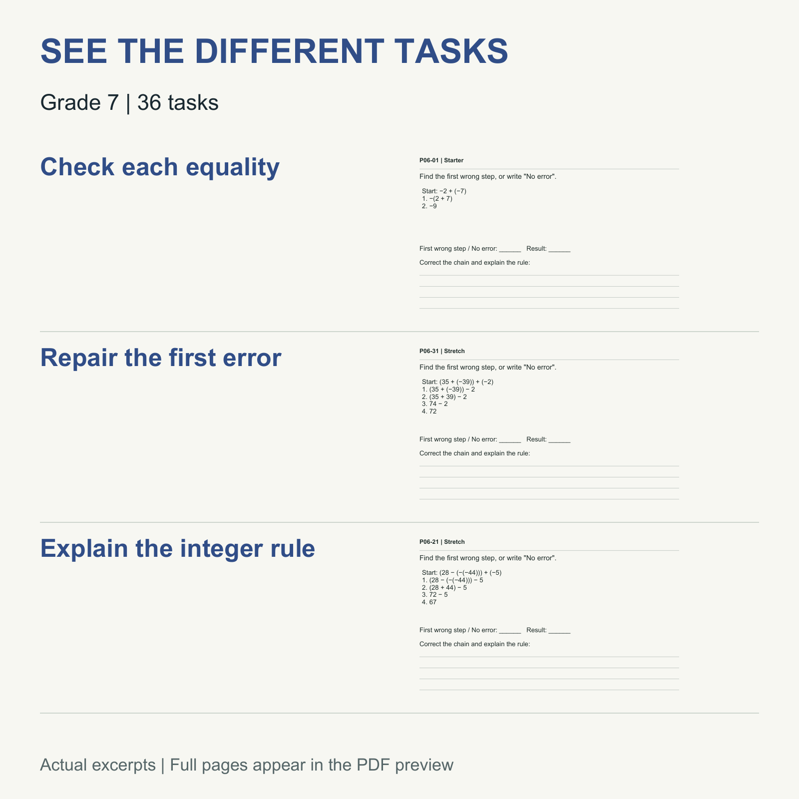 Integer Addition & Subtraction Error Analysis — Grade 7 — Skills and activities included in this resource.