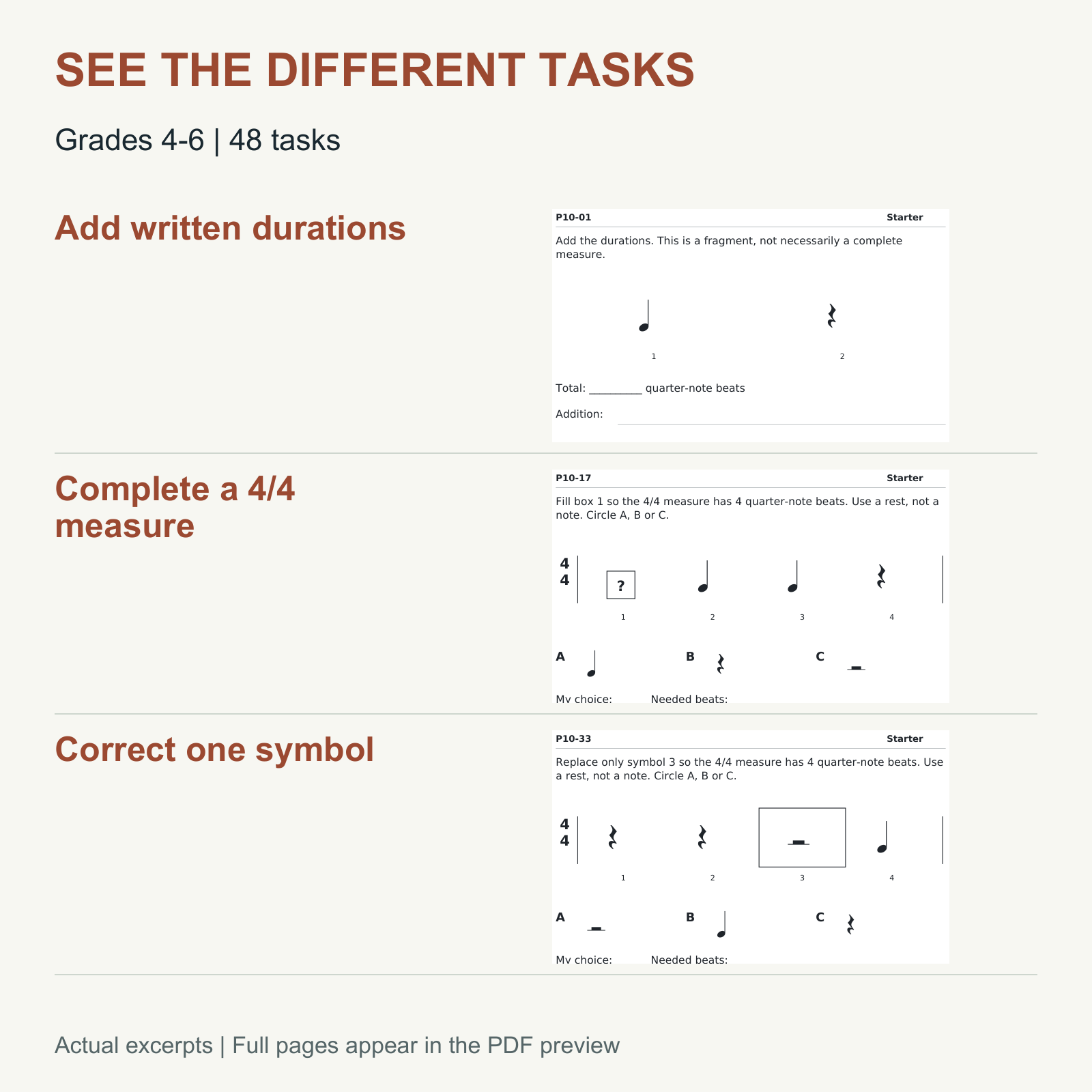 Note & Rest Values Worksheets — Count, Complete & Correct — Grades 4-6 — Skills and activities included in this resource.