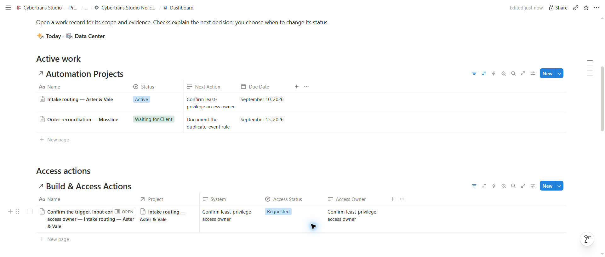 No-code / Automation Consultant Standard actual Notion workspace with fictional demo records