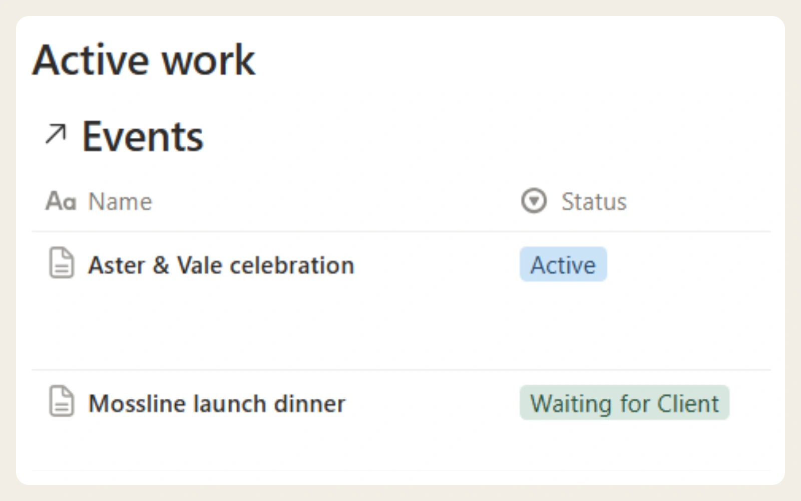 Event Planner Workspace Free demo, enlarged workspace detail.