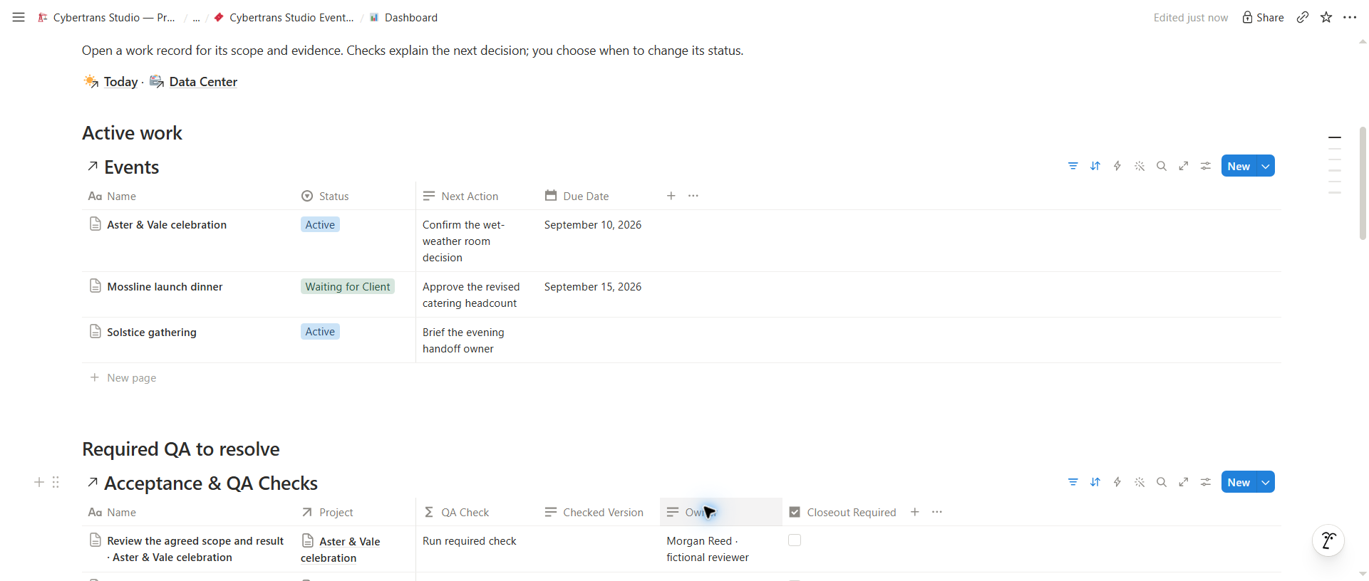Event Planner Pro actual Notion workspace with fictional demo records