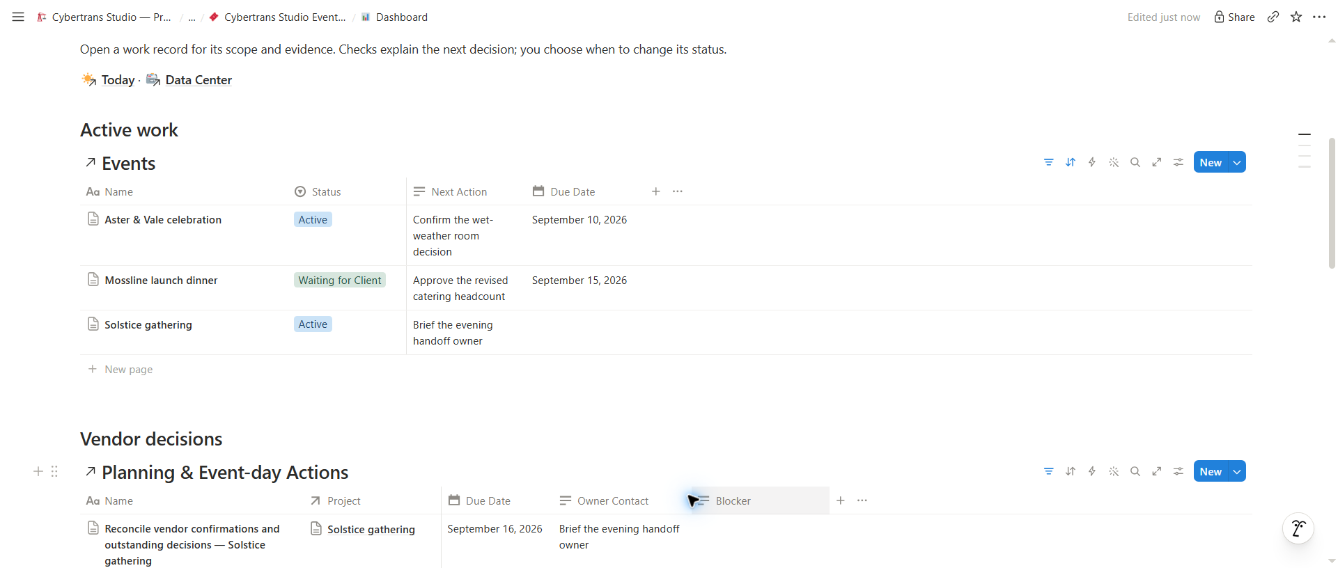 Event Planner Standard actual Notion workspace with fictional demo records