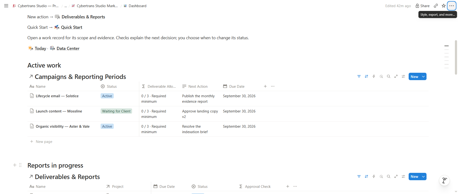 Marketing / SEO Agency Standard actual Notion workspace with fictional demo records