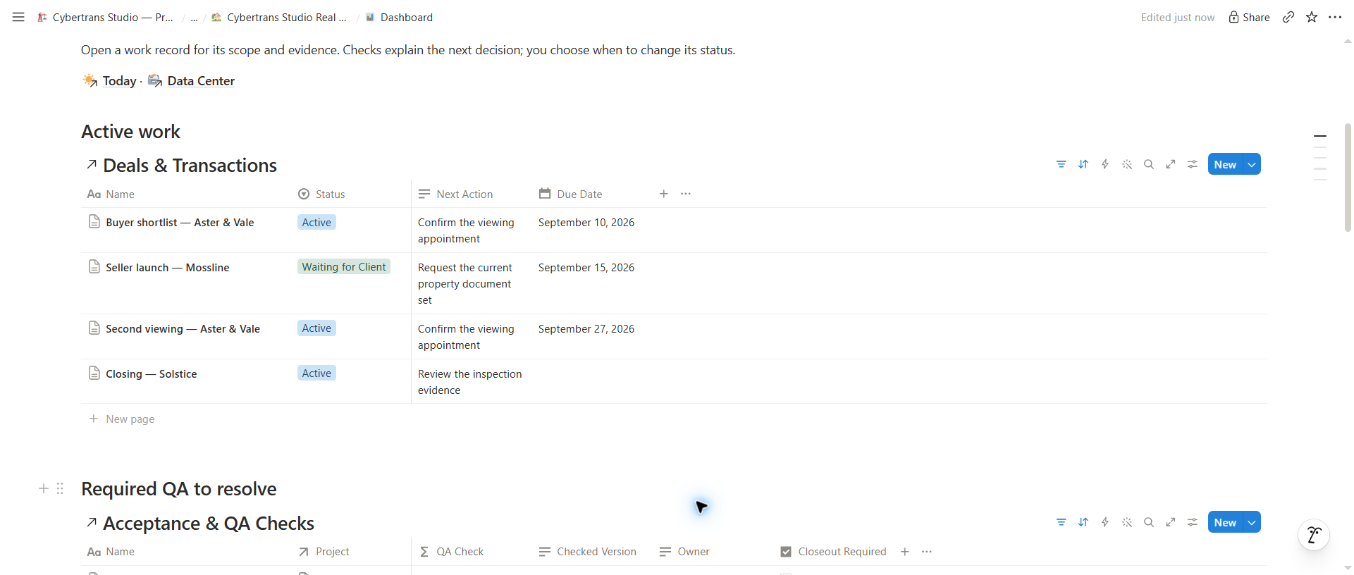 Real Estate Agent / Investor Pro actual Notion workspace with fictional demo records