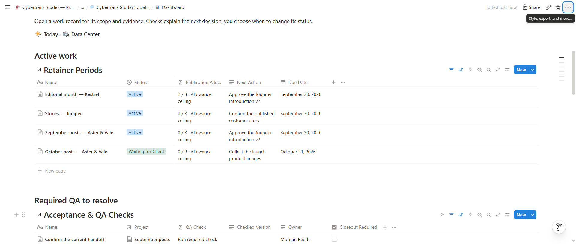 Social Media Manager Pro actual Notion workspace with fictional demo records