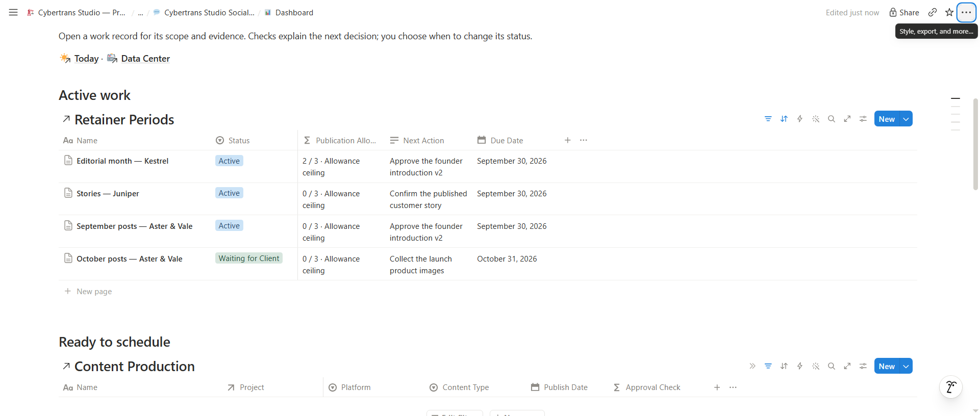 Social Media Manager Standard actual Notion workspace with fictional demo records
