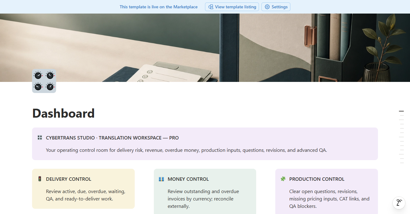 Translation Workspace Pro Demo dashboard with delivery, money and production controls
