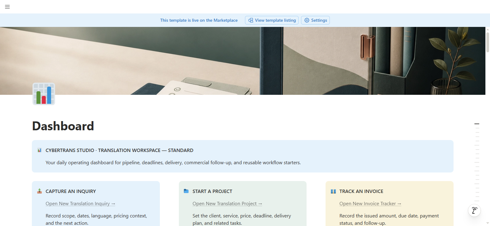 Translation Workspace Standard Demo dashboard with inquiry, project and invoice workflow