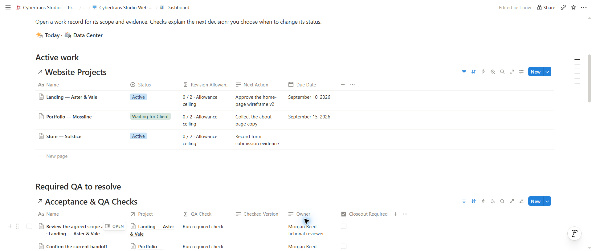Web Design Pro actual Notion workspace with fictional demo records