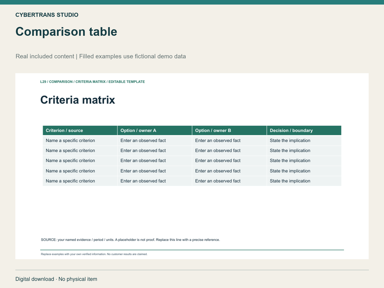 Comparison table