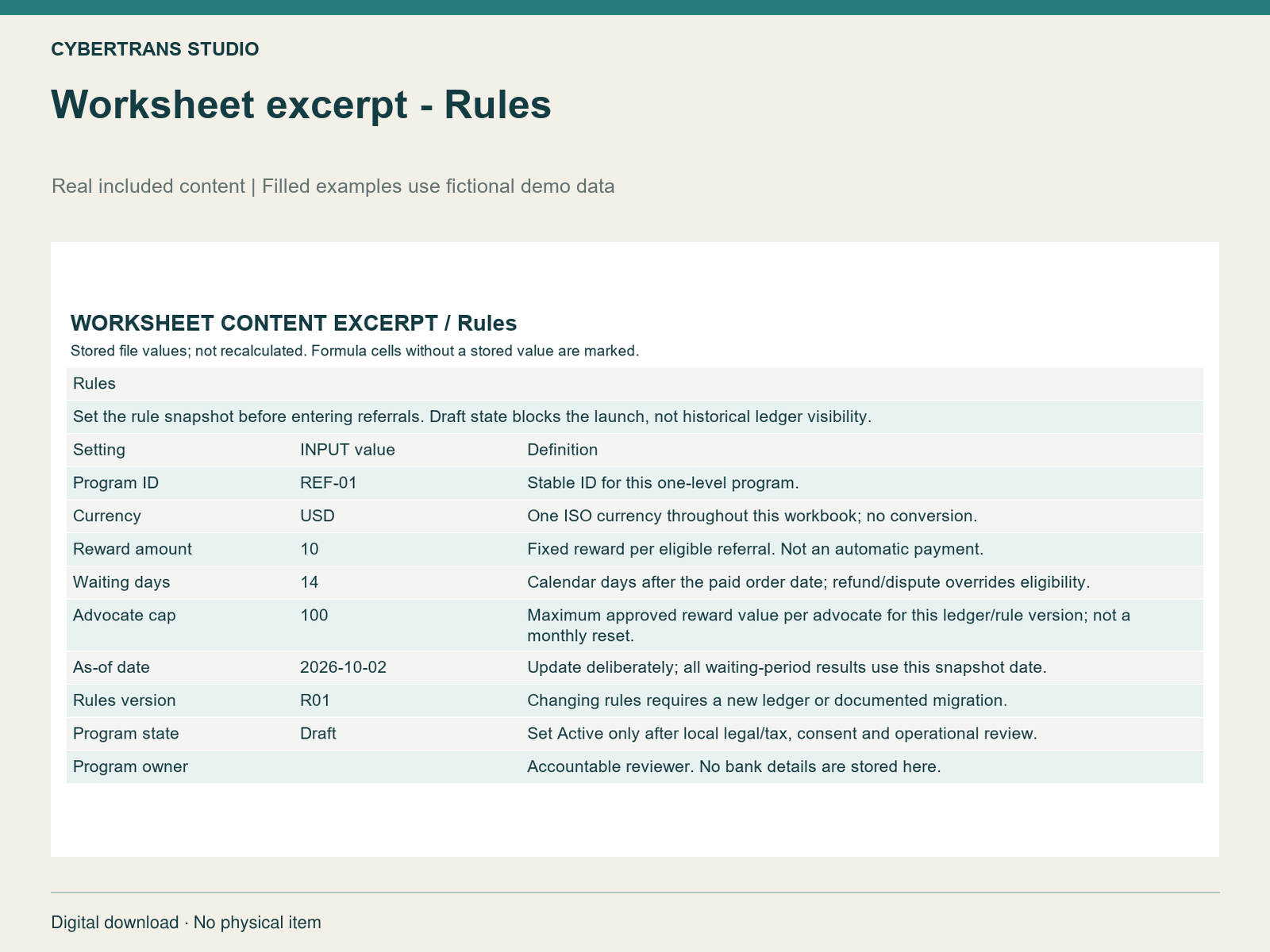 Worksheet excerpt - Rules