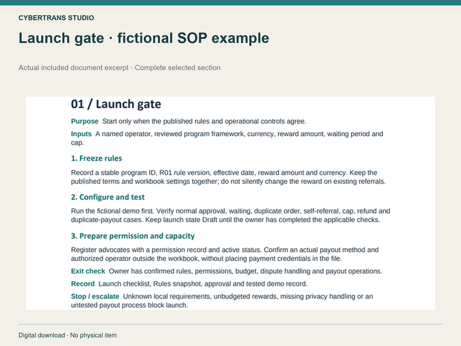Launch gate · fictional SOP example — complete selected source section