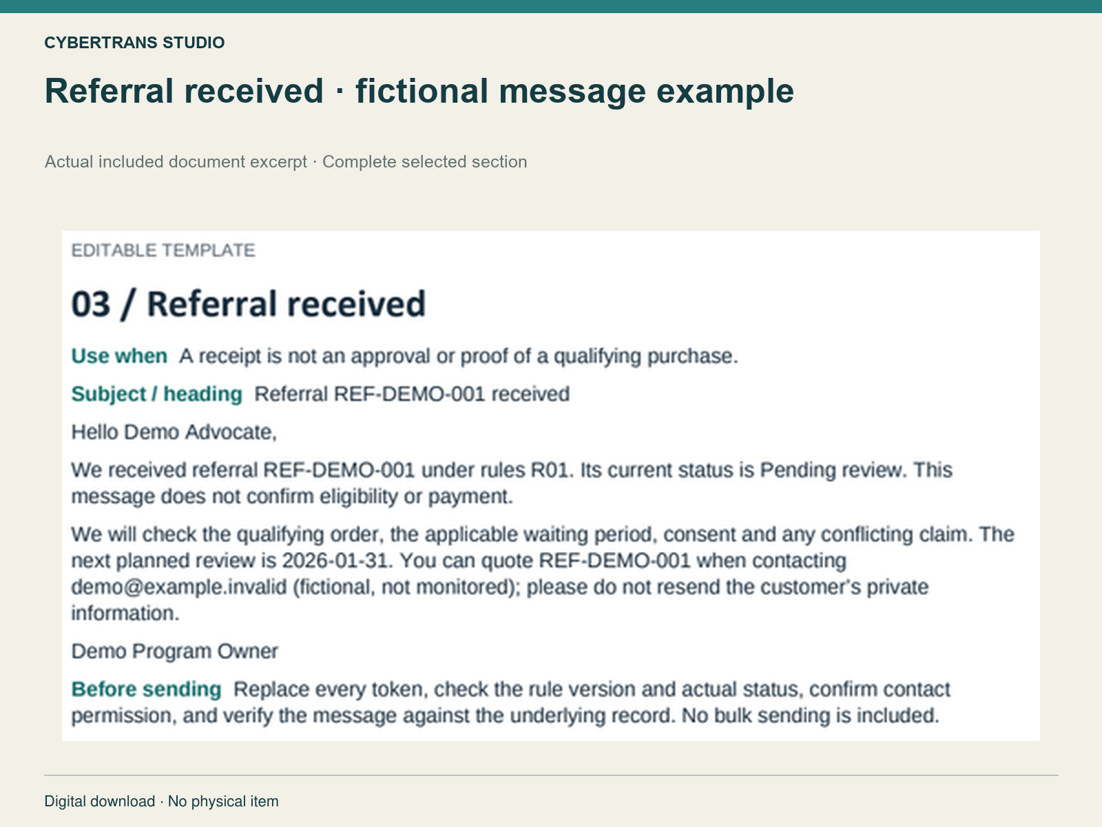 Referral received · fictional message example — complete selected source section