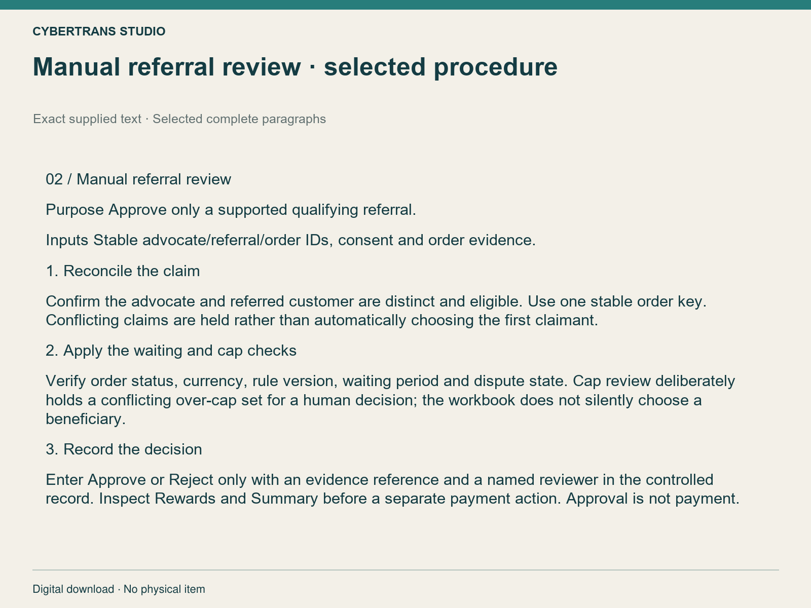 Manual referral review · selected procedure — complete supplied text excerpt