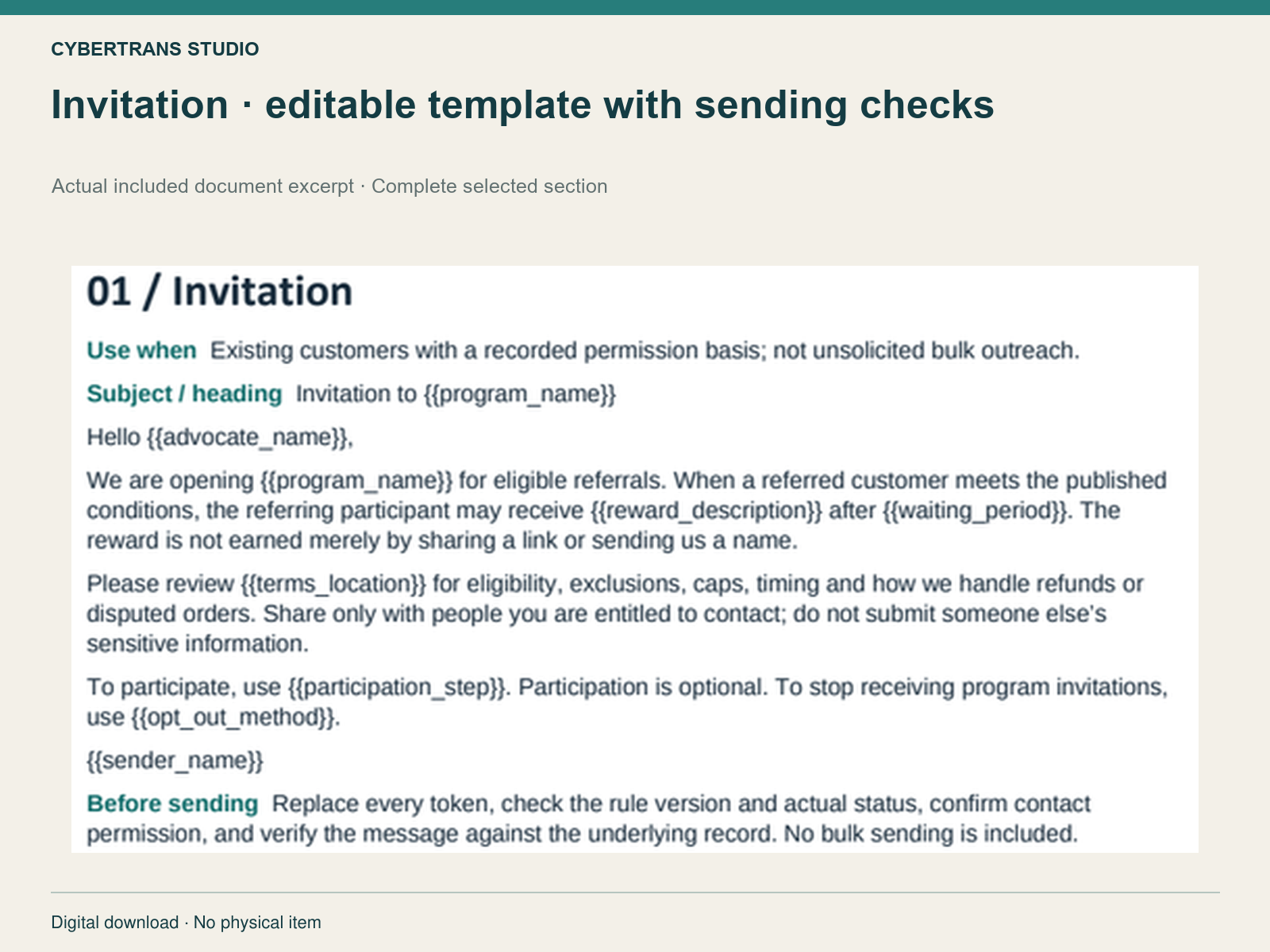 Invitation · editable template with sending checks — complete selected source section
