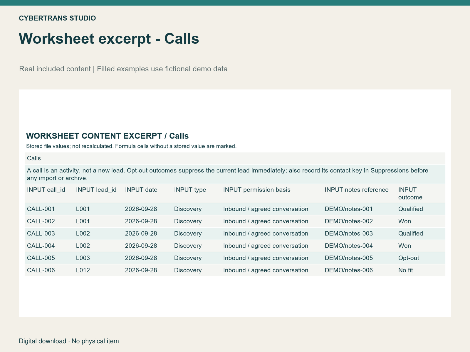 Worksheet excerpt - Calls