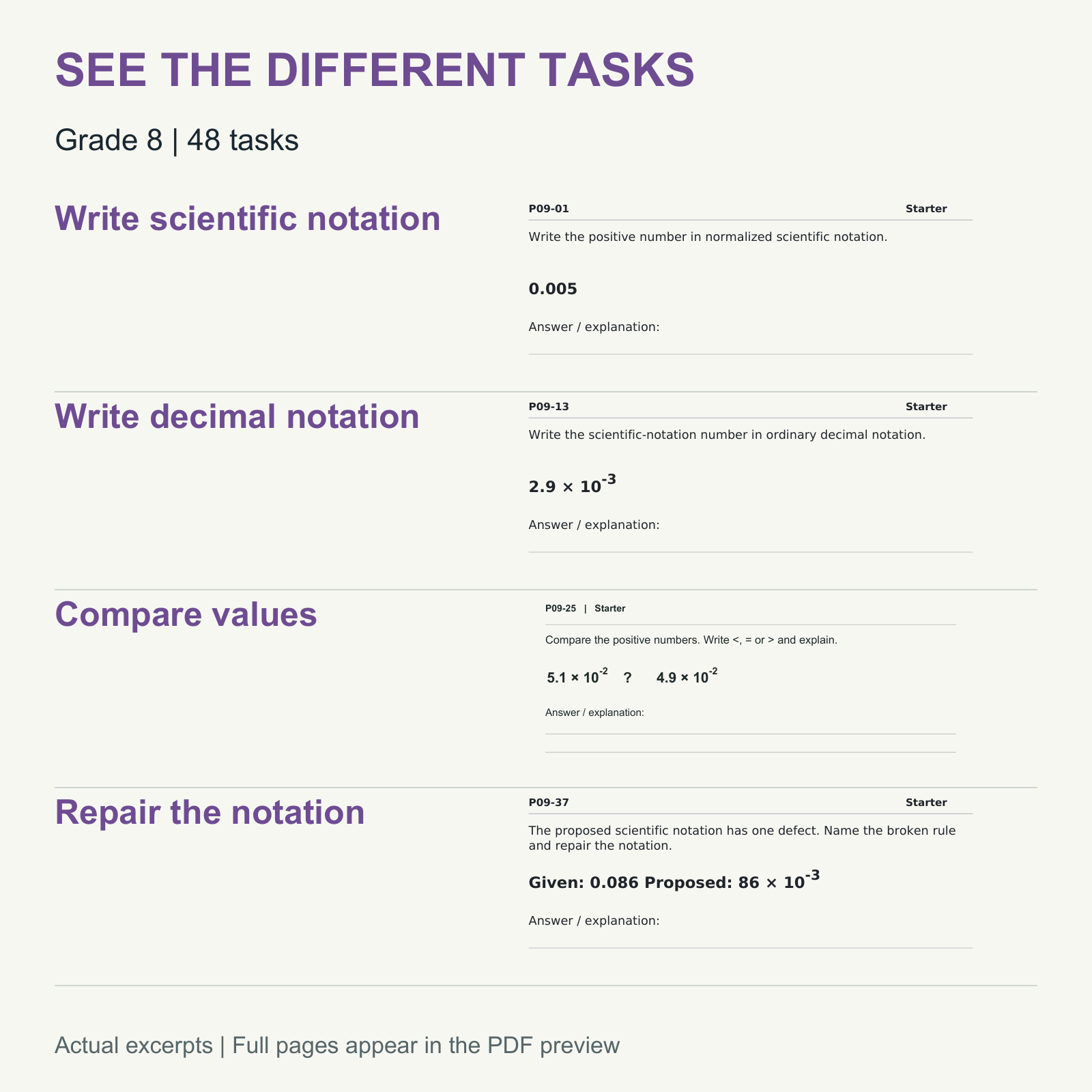Scientific Notation Worksheets — Convert, Compare & Correct — Grade 8 — Skills and activities included in this resource.