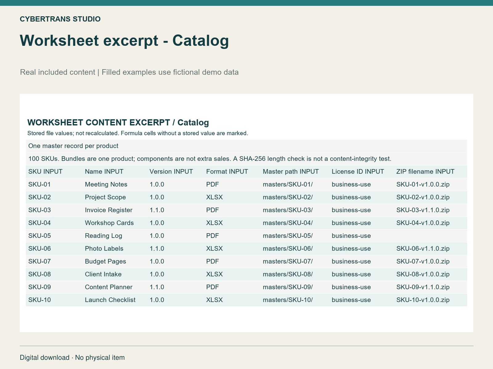 Worksheet excerpt - Catalog