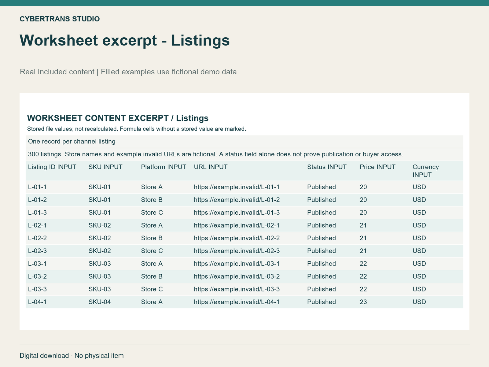 Worksheet excerpt - Listings