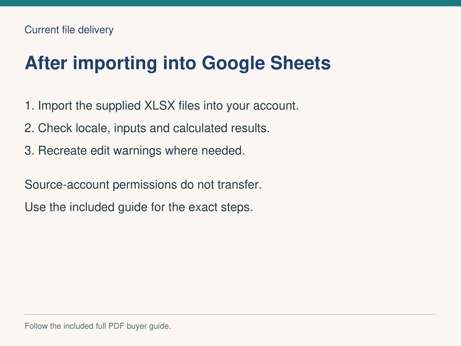 Google Sheets import setup — check locale and calculations; recreate edit warnings as instructed. Guidance card, not native UI.