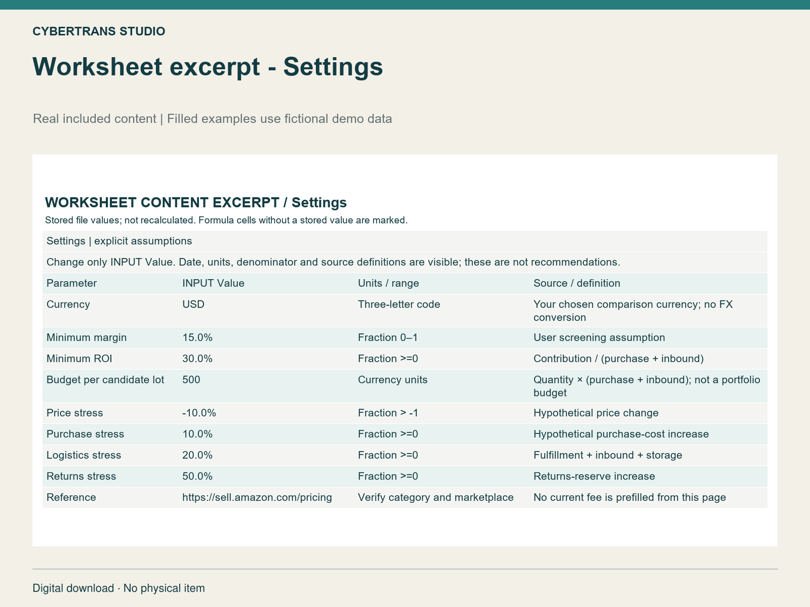 Worksheet excerpt - Settings