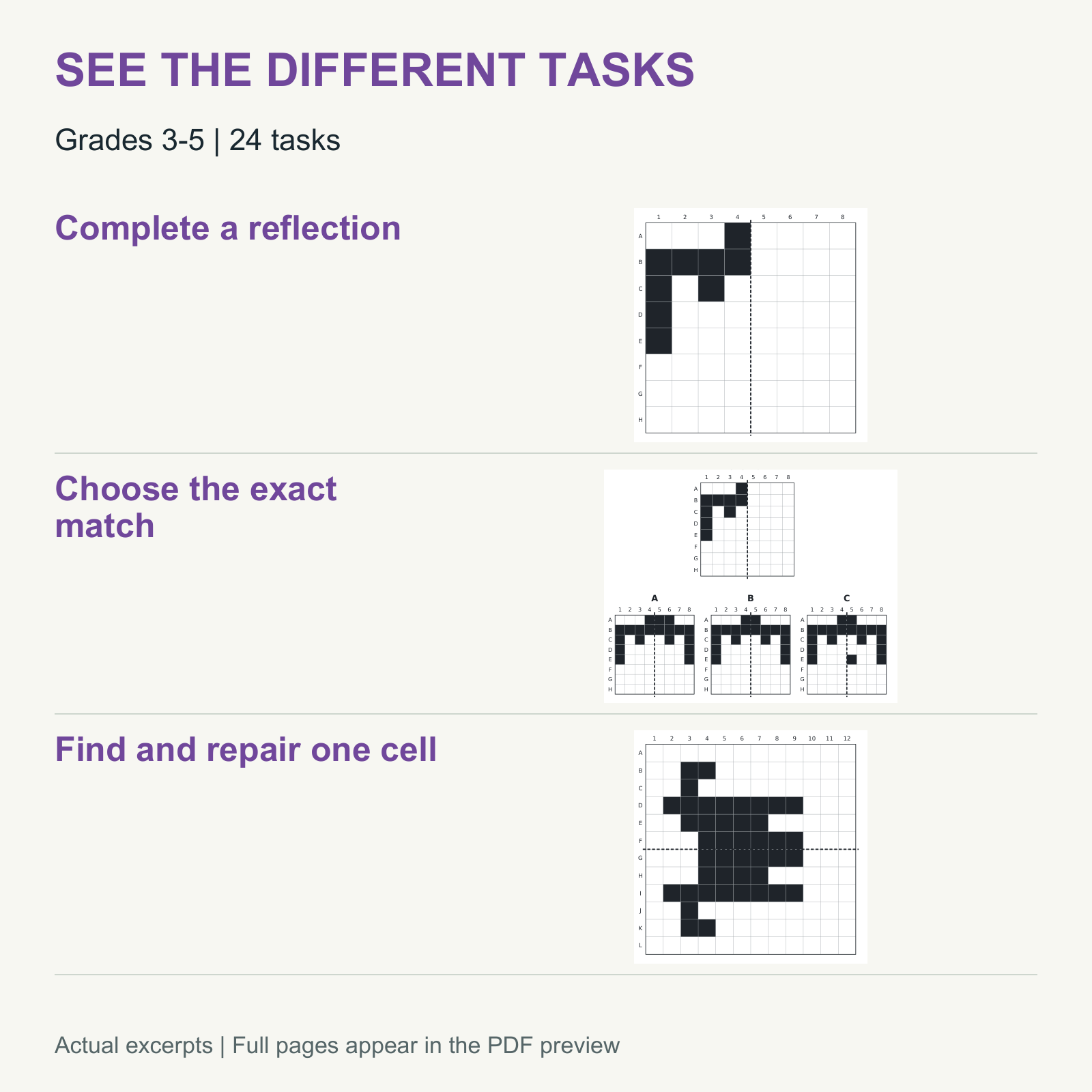 Grid Symmetry Worksheets — Reflection & Error Analysis — Grades 3-5 — Skills and activities included in this resource.