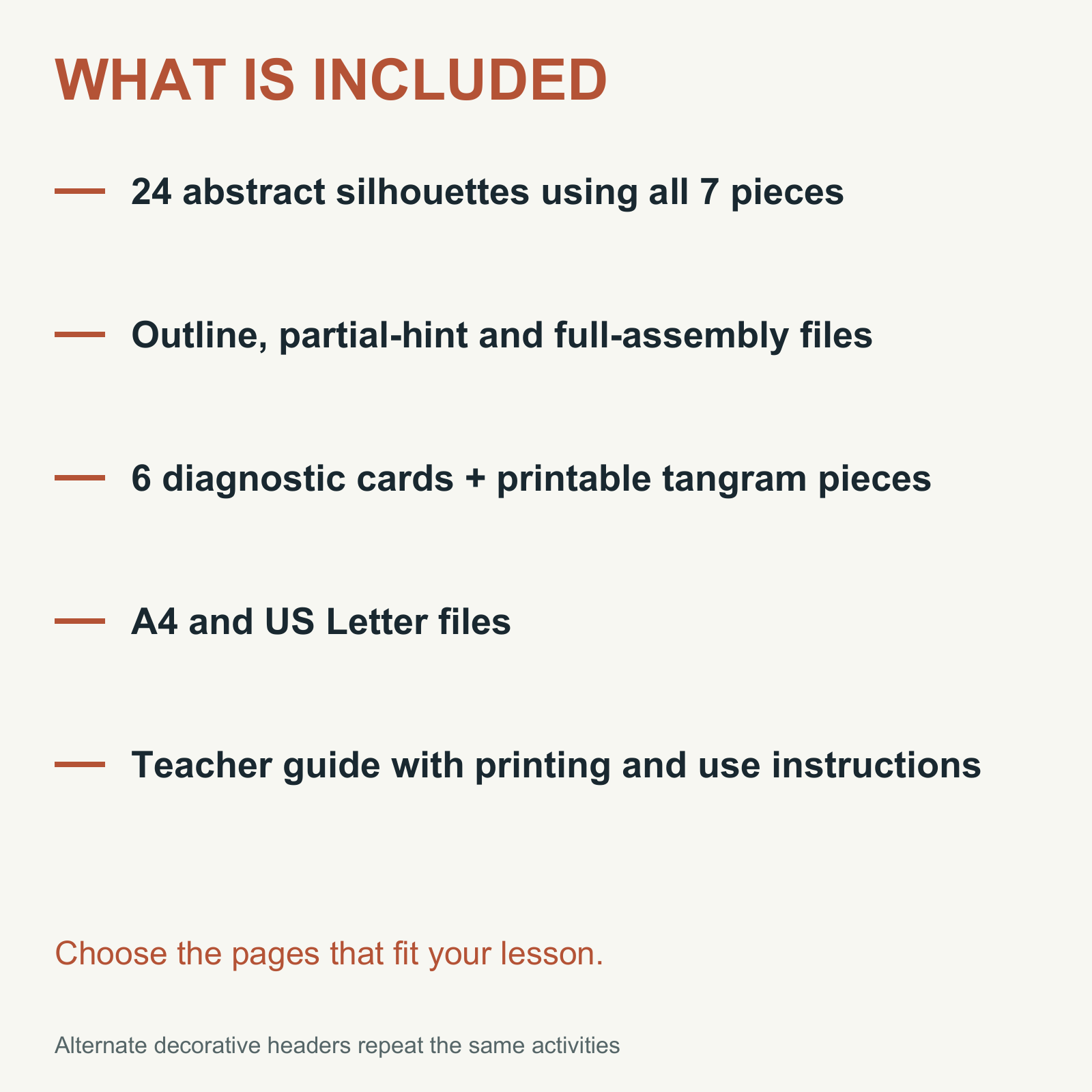 Tangram Puzzles — 24 Abstract Shapes, Hints & 6 Error Cards — Grades 2-5 — Files and formats supplied with this product.