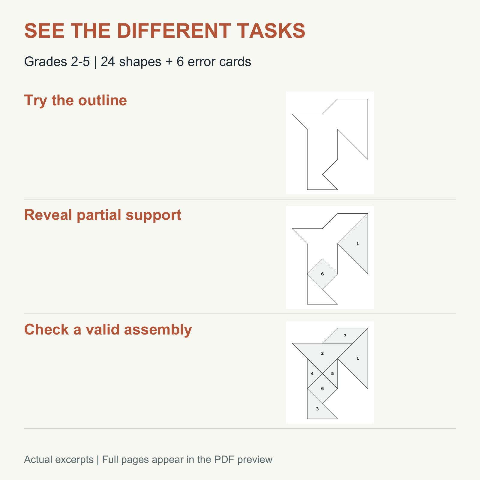 Tangram Puzzles — 24 Abstract Shapes, Hints & 6 Error Cards — Grades 2-5 — Skills and activities included in this resource.