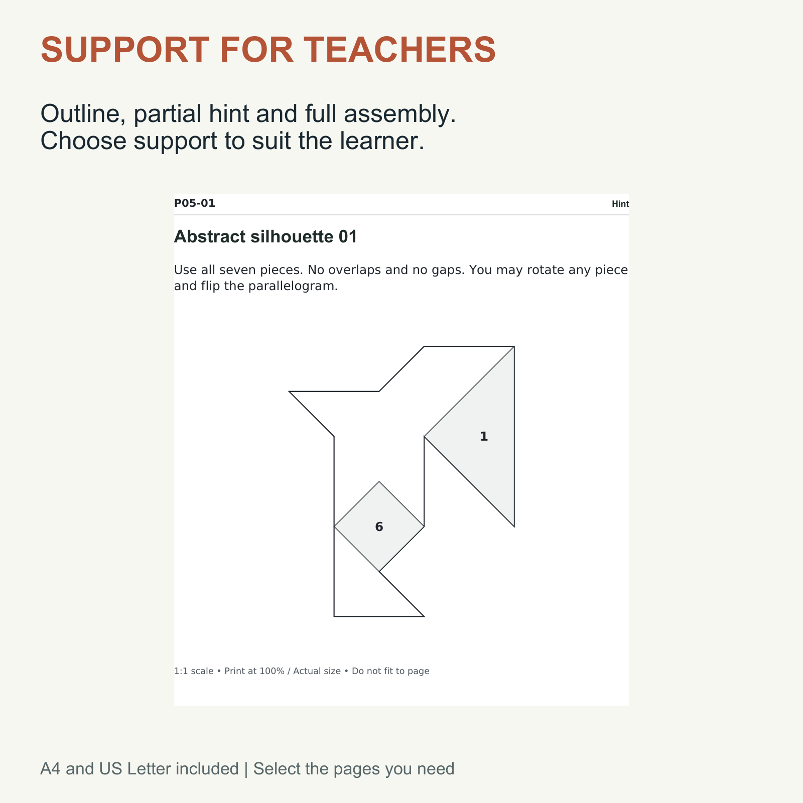 Tangram Puzzles — 24 Abstract Shapes, Hints & 6 Error Cards — Grades 2-5 — Teaching guidance and support included in this resource.