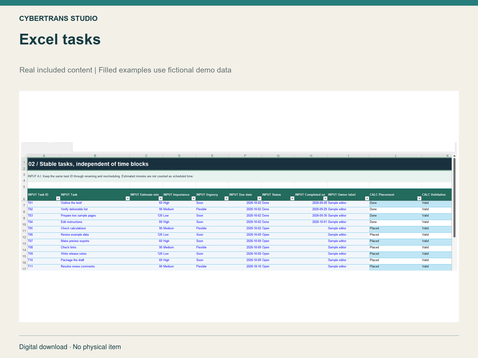 Excel tasks