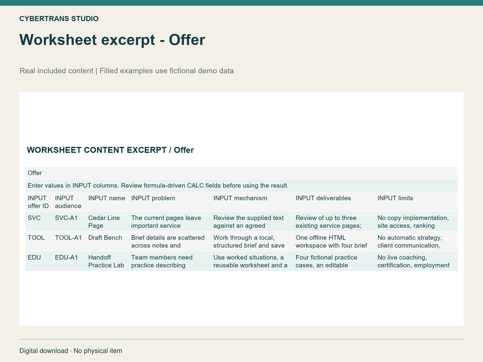 Worksheet excerpt - Offer